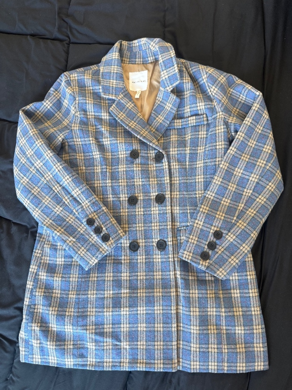 AVEC LES FILLES Double-Breasted Plaid Peak Lapel Duster Trench Coat Blue Gold M